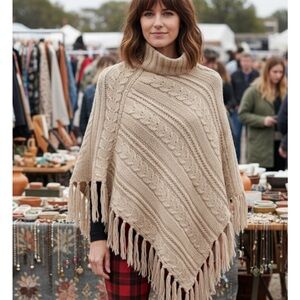 Cozy Cable Knit Poncho - Cream